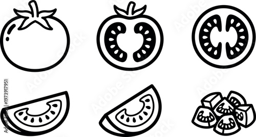 Black and white line art tomato whole sliced and diced vector set