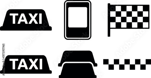 Black and white taxi sign and checkered flag vector icons