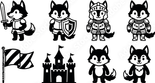 Black and white cartoon husky warrior holding sword shield and wearing armor with castle and flag