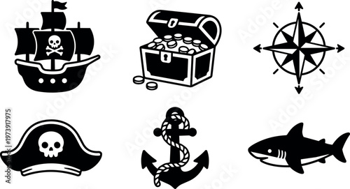 Black and white pirate ship treasure chest compass anchor and shark vector art