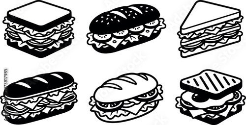 Black and white sandwich line art showing six different sandwich styles with fillings