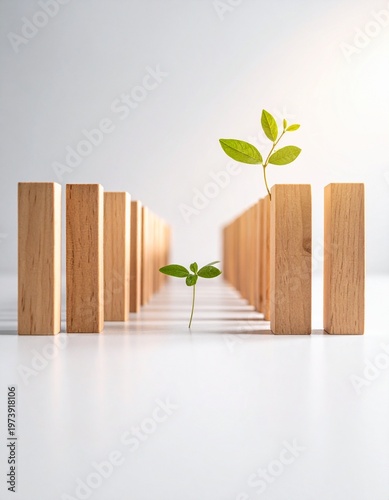 Pathway of constrained growth with wooden corridor and green sprouts