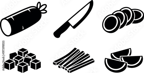 Black and white sausage knife sliced cubes strips and wedges vector icons