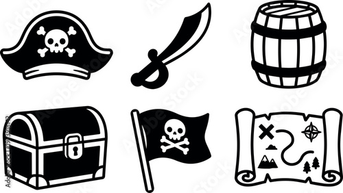 Pirate hat sword barrel treasure chest flag and map vector art in black and white