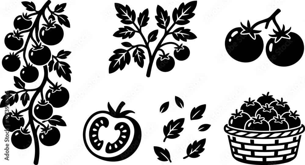 Naklejka premium Black and white tomato fruit and leaf silhouettes with basket and branch vector art