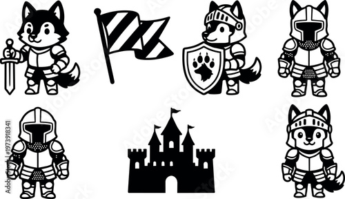 Black and white knight husky dog with sword shield castle and flags vector art