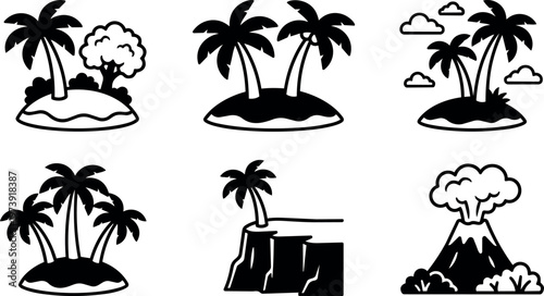 Black and white tropical palm island volcanic cliff vector icons set