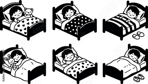 Black and white children sleeping in beds with patterned blankets and toys vector art