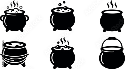 Black and white cauldron icons with steam bubbles and handles set