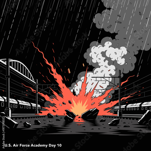 Vector silhouette illustration of a dramatic explosion erupting on urban train tracks, scattering fiery debris under a dark, stormy sky, with thick smoke symbolizing chaos and disaster