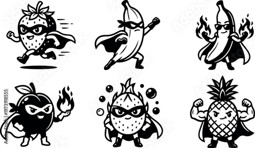 Black and white superhero fruit characters with masks and capes cartoon vector art