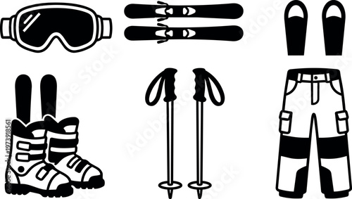 Black and white ski equipment set with goggles boots poles and pants