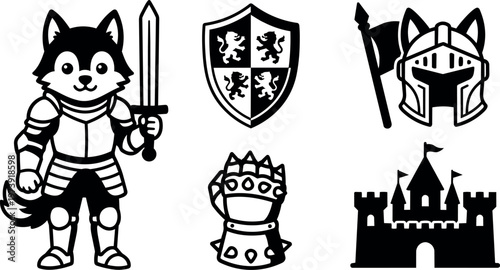 Black and white cartoon dog knight with sword castle helmet and shield icons