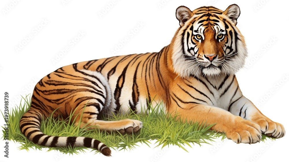 Fototapeta premium Relaxed Bengal tiger resting on a patch of green grass beneath bright studio lighting