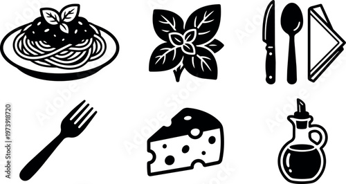 Black and white flat design spaghetti plate fork knife spoon cheese basil and oil bottle set