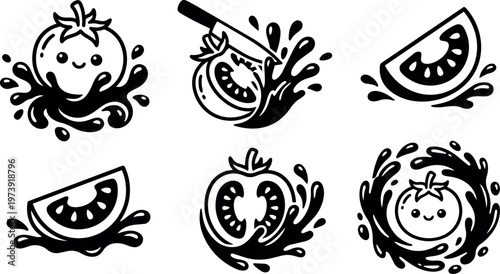 Black and white cute tomato and slice with splashes vector art set