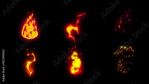 Glowing Orange Flame Animations Set On Black Background Four