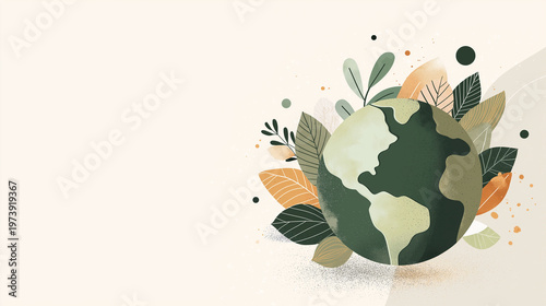 Minimal Earth illustration with leaves and copy space background
