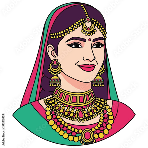 Traditional south asian bride portrait with gold jewelry and colorful clothing