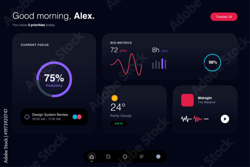 Modern productivity dashboard UI vector showing personal analytics, biometrics, tasks, and performance insights. Ideal for apps, health tracking, productivity tools, and digital interfaces.