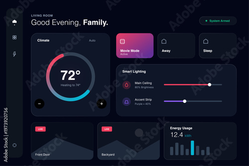 Modern smart home dashboard UI vector featuring climate control, lighting settings, and energy monitoring. Ideal for IoT apps, home automation systems, and digital interface design.