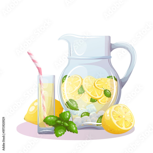 Vector image of a pitcher with a lemon and mint