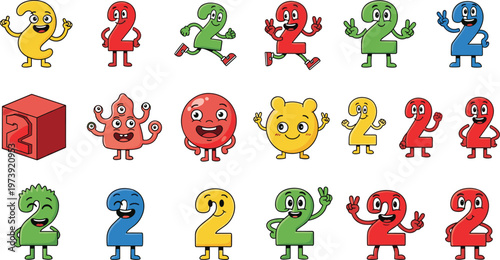 Cute Cartoon Number Two Characters Vector Set with Funny Expressions and Colorful Numeric Mascots Collection Isolated on White Background