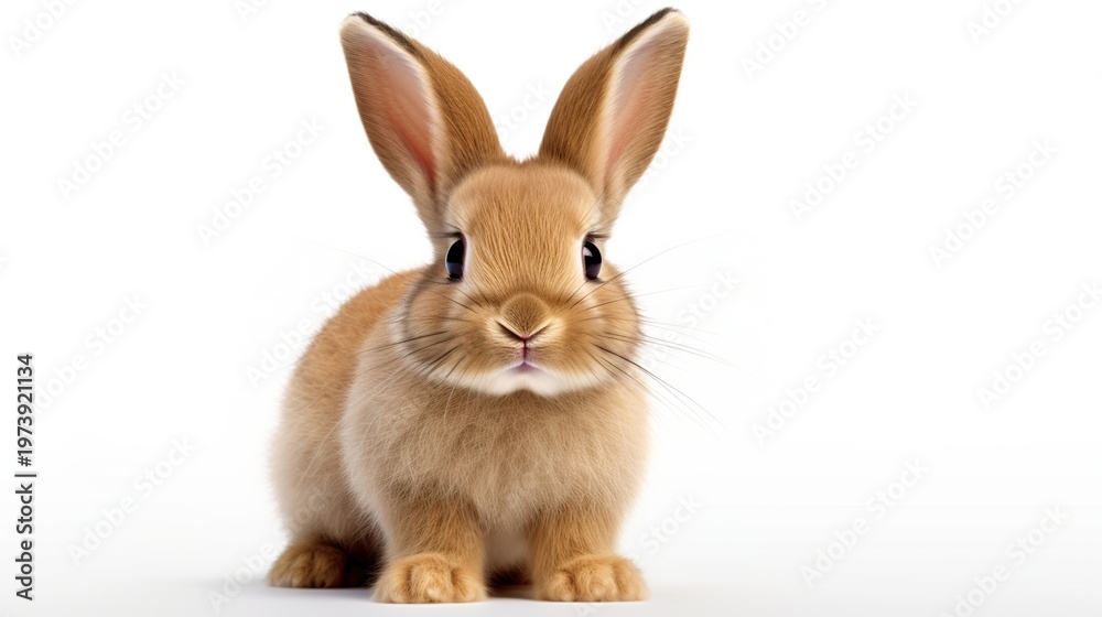 Fototapeta premium Young brown rabbit with upright ears posing warmly against a white background