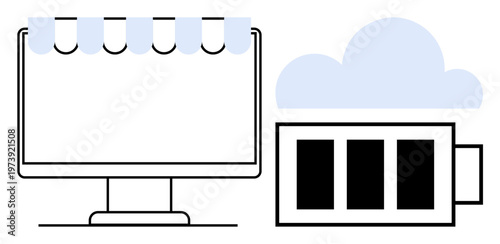 E-commerce, cloud storage, digital technology, online shopping, software services, data management. Display monitor with storefront and cloud icon. E-commerce and cloud storage concepts
