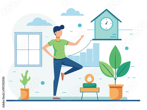 Woman practicing yoga indoors with a focus on balancing and time management