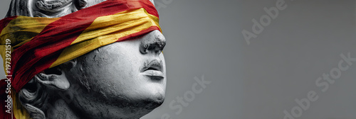 Stone face wrapped in red and yellow cloth. Statue shows serene, unblinking gaze. Blindfold symbolizes impartial judgment. Ideal for legal, ethics, or fairness themes