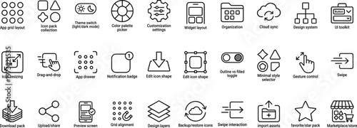 A collection of various app design elements and icons on a white background
