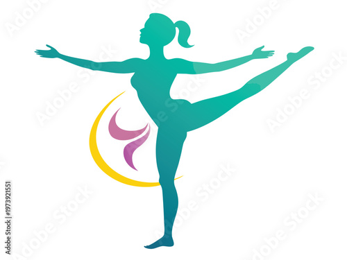 Graceful pregnant woman performing a balancing yoga pose with colorful elements
