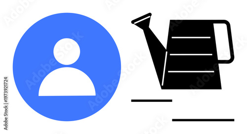 User identity, social media, gardening, eco-friendly practices, account management, digital tools. Blue circle with white user icon near black watering can. User identity and gardening concept