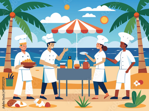 Chefs serving refreshments at a beachside outdoor party under palm trees