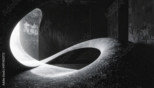Una escultura arquitectónica curva y minimalista en blanco y negro destaca por su dramático contraste de luces y sombras en un espacio oscuro.