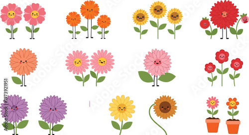 Cute Flower Character Collection with Smiling Faces and Colorful Garden Plants Cartoon Floral Vector Set Isolated on White Background