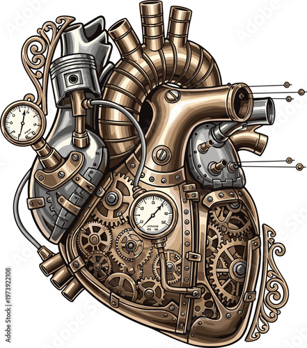 Steampunk Heart Illustration with Gears, Gauges, and Pipes for Digital Media, Websites, and Fantasy Design Sets