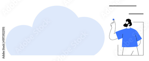 Cloud computing, digital storage, innovation, technology interaction, data management, remote access. Abstract blue cloud and person interacting with elements. Cloud computing and digital storage
