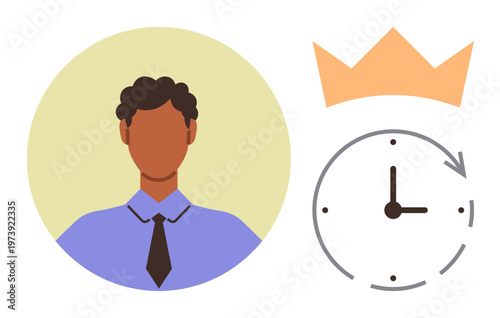 Leadership, time management, productivity, personal development, decision-making, career growth. Faceless person wearing a tie next to a clock and crown. Leadership and time management concept