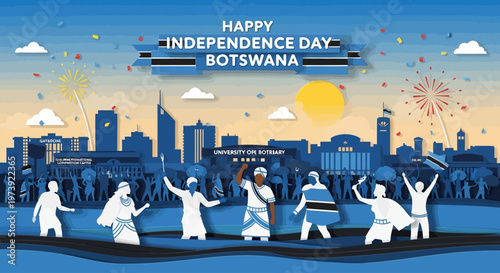 Happy Independence Day Botswana celebration with festive cityscape and traditional people.