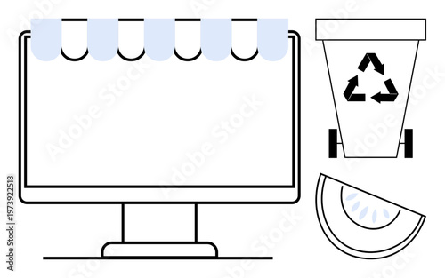 E-commerce, sustainability, waste management, online shopping, environmental health, conscious consumerism. Illustrated computer with awning, recycling bin and watermelon slice. E-commerce
