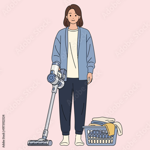 Woman vacuuming and laundry basket with clothes illustration.