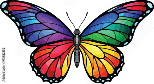Vibrant and Colorful Rainbow Butterfly Illustration with Detailed Wings for Digital Media, Websites, and Floral Design Sets