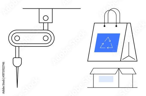 Automation, recycling, sustainability, e-commerce, packaging, waste reduction. A robotic arm and packaging items with a recycling symbol. Automation and recycling concepts are visually