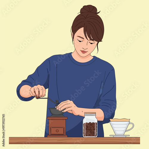 Woman grinding coffee beans for drip coffee illustration.