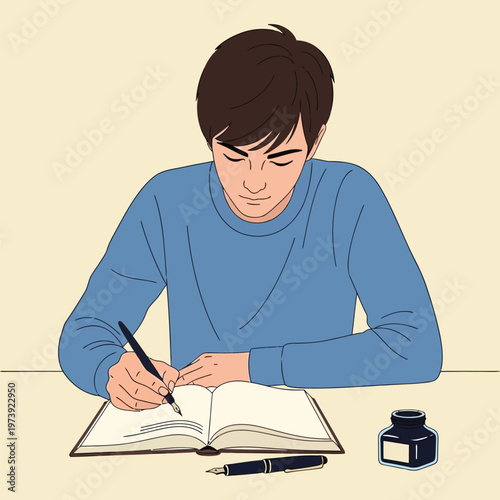 Young man writing in notebook with fountain pen and ink bottle on desk at home.