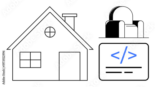 Home design, web development, architecture, technology, creative design, construction. A house outline alongside coding and a structural element. Home design and web development concept