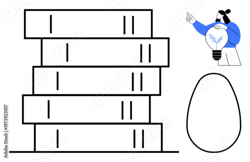 Education, creativity, innovation, design, ideas, learning concept. Stack of books, person with lightbulb a branching design and abstract egg shape. Education and creativity concept