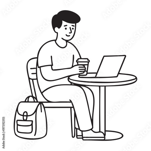 Digital nomad working on laptop sitting relaxed, black and white vector line art coloring book illustration